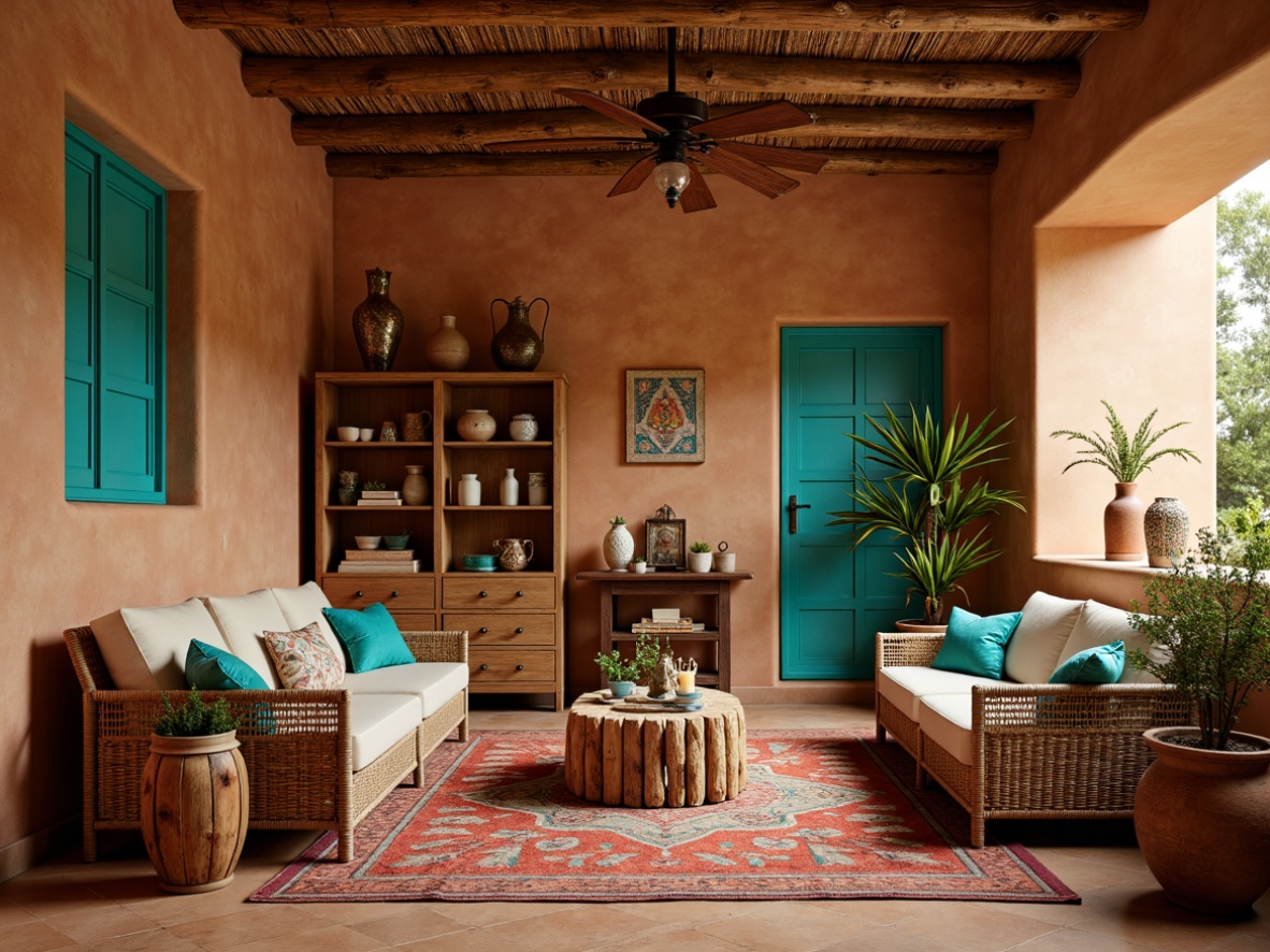 Prompt: Vibrant turquoise accents, rustic wooden furniture, woven wicker chairs, natural fiber rugs, earthy adobe walls, warm terracotta flooring, southwestern patterned textiles, colorful ceramic vases, ornate metal lanterns, lush greenery, desert-inspired botanicals, ambient candlelight, warm golden lighting, shallow depth of field, 3/4 composition, panoramic view, realistic textures, ambient occlusion.