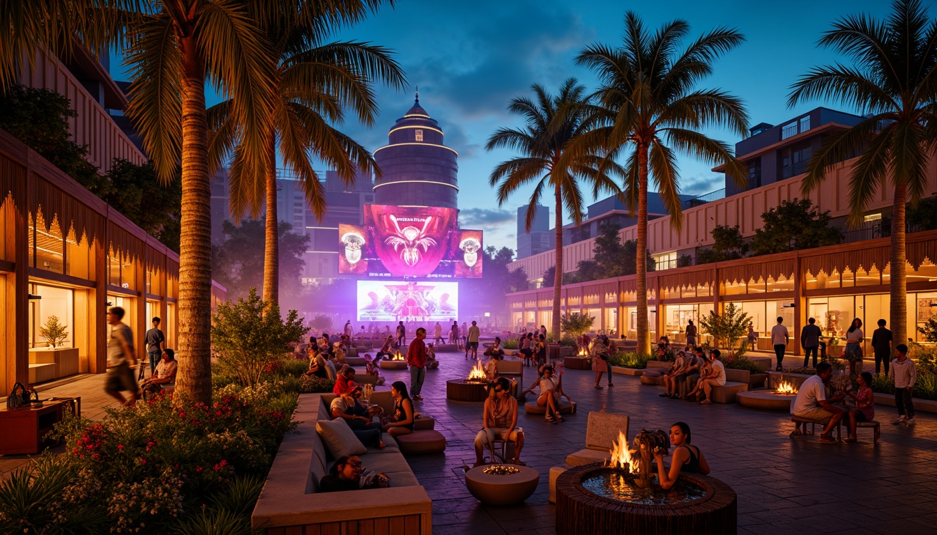 Prompt: Vibrant tropical music venue, colorful neon lights, warm golden stage lighting, dynamic LED installations, lush greenery, palm trees, exotic flowers, rustic wooden accents, natural textiles, vibrant color schemes, energetic atmosphere, lively crowd, summer evening, soft misty effects, 1/1 composition, shallow depth of field, realistic textures, ambient occlusion.