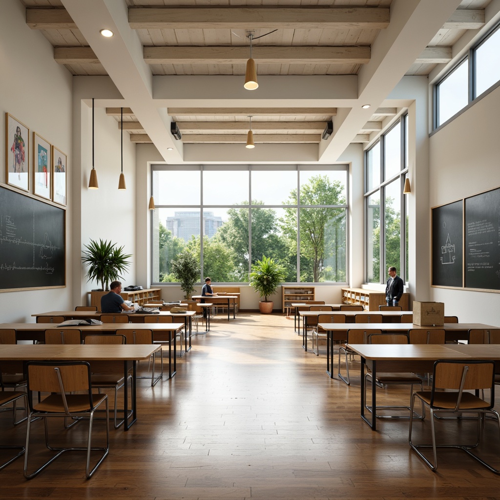 Prompt: Simple school building, minimal ornamentation, large windows, natural light pouring in, warm wooden flooring, white walls, modern blackboards, educational posters, sleek metal chairs, desks with built-in storage, collaborative learning spaces, open floor plan, high ceilings, abundant greenery, potted plants, calm atmosphere, soft diffused lighting, shallow depth of field, 3/4 composition, realistic textures, ambient occlusion.