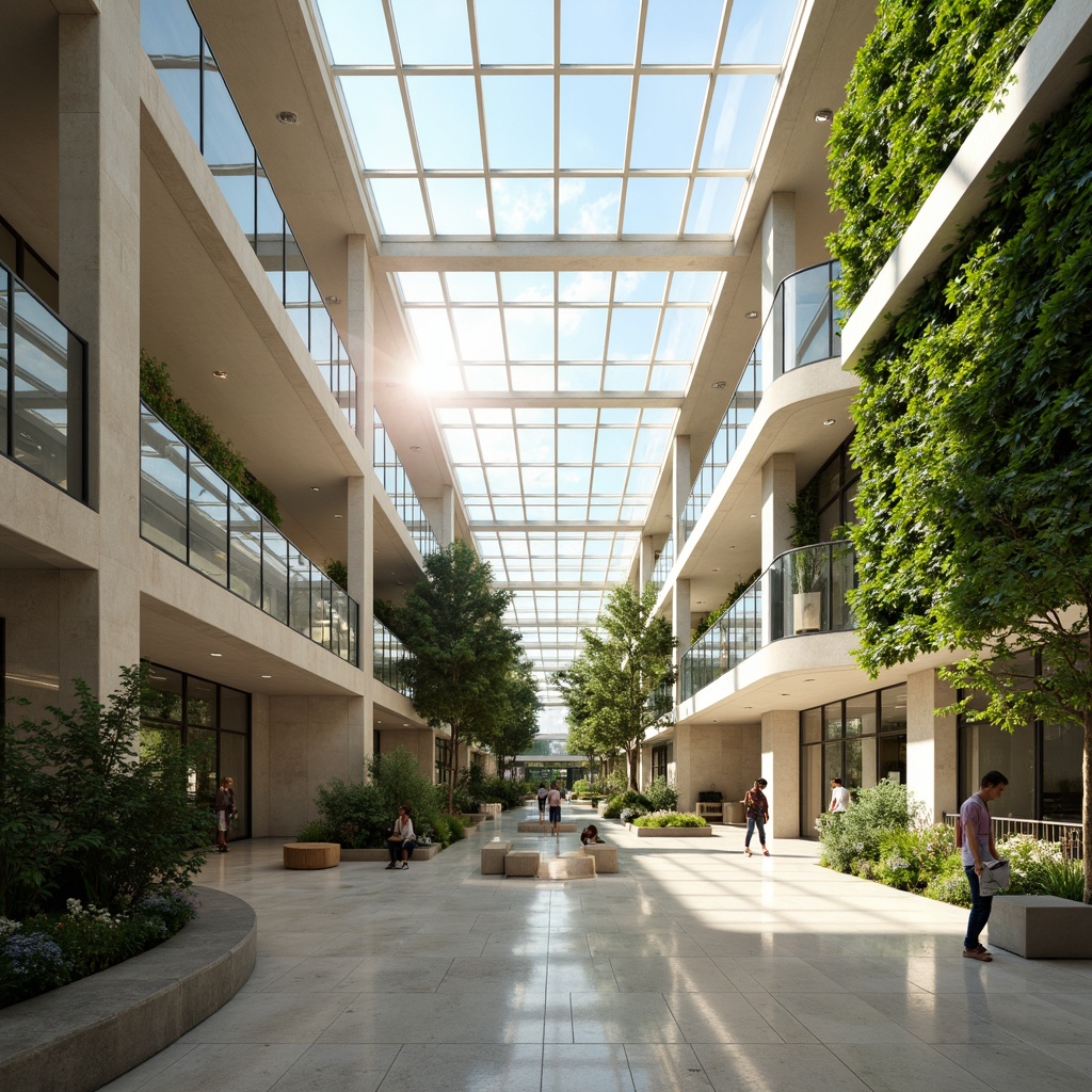 Prompt: Natural light-filled atrium, transparent glass roofs, prismatic skylights, clerestory windows, reflective interior surfaces, polished marble floors, minimalist decor, open floor plans, airy corridors, cantilevered structures, green walls, lush vegetation, diffused soft lighting, warm color temperatures, 1/2 composition, shallow depth of field, realistic textures, ambient occlusion.