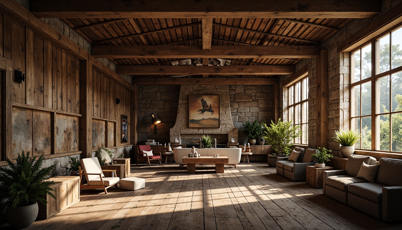 Prompt: Rustic wooden accents, distressed metal panels, rough-hewn stone walls, earthy color palette, organic shapes, natural materials, industrial chic aesthetic, reclaimed wood floors, exposed brick ceilings, vintage decorative elements, soft warm lighting, atmospheric shadows, high contrast ratio, dramatic focal points, 1/1 composition, shallow depth of field.