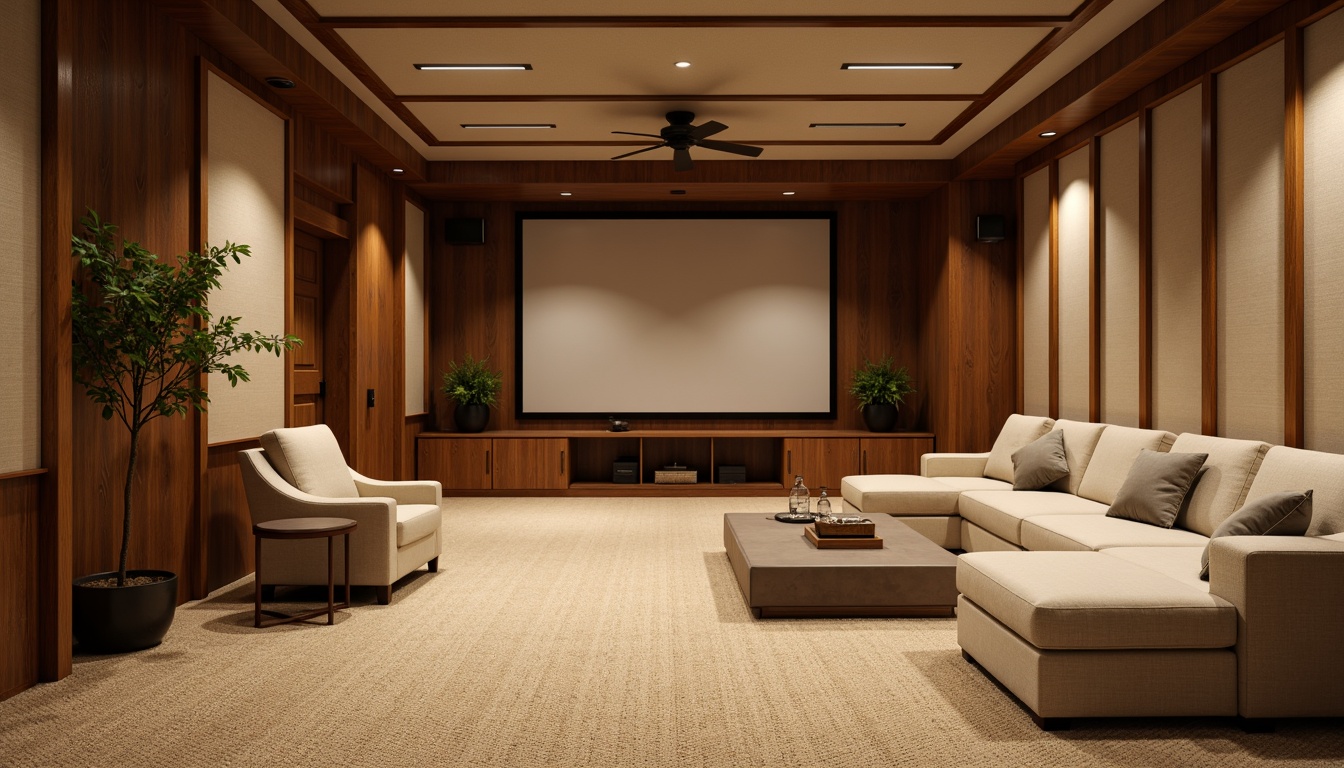 Prompt: Cozy home theater, plush carpeting, sound-absorbing panels, wooden acoustic boards, fabric-wrapped walls, warm beige tones, soft ambient lighting, comfortable seating arrangements, intimate atmosphere, 1/1 composition, shallow depth of field, realistic textures, ambient occlusion.