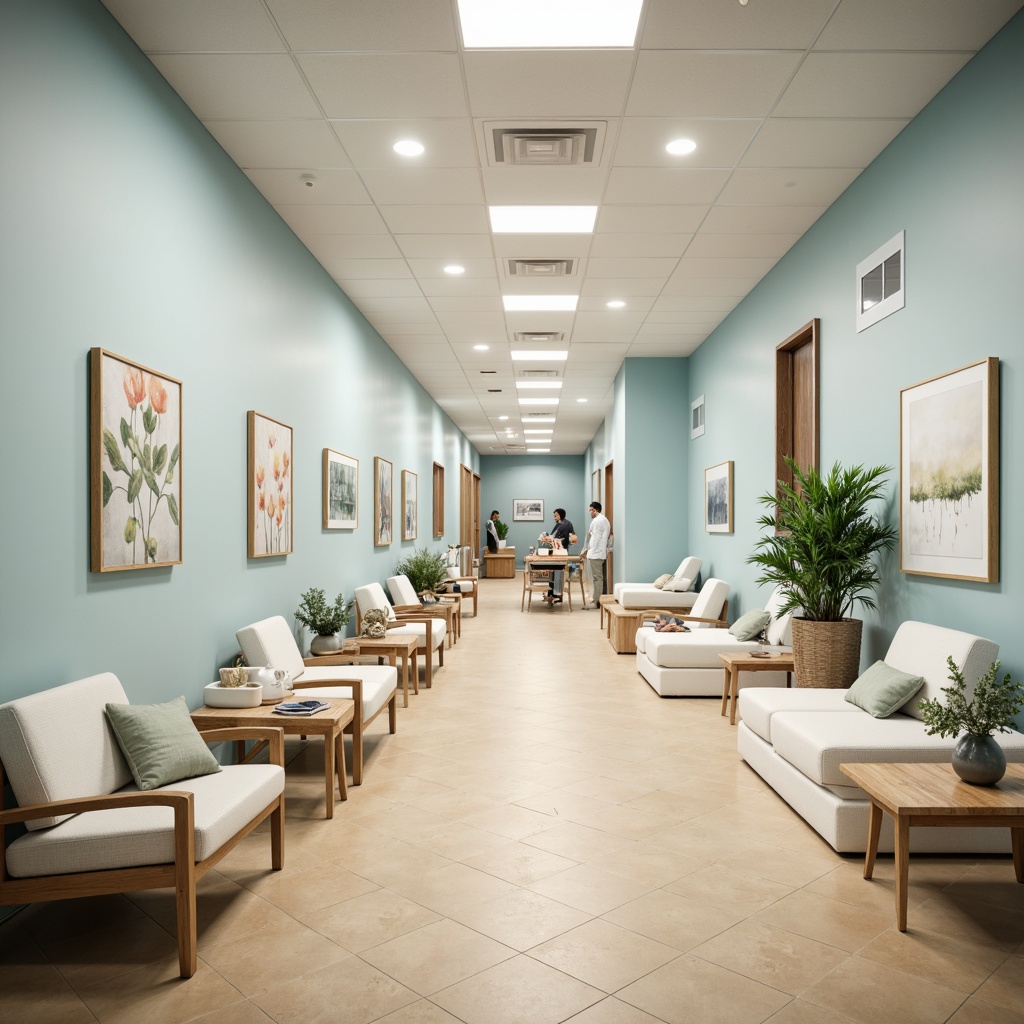 Prompt: Calming healthcare facility, soothing color scheme, pale blue walls, creamy white furniture, warm beige floors, natural wood accents, gentle greenery, soft diffused lighting, cozy reading nooks, comfortable seating areas, peaceful waiting rooms, serene patient rooms, calming art pieces, subtle texture patterns, minimalist decor, warm neutral tones, stress-reducing ambiance, calming atmosphere, 1/1 composition, shallow depth of field, realistic textures, ambient occlusion.