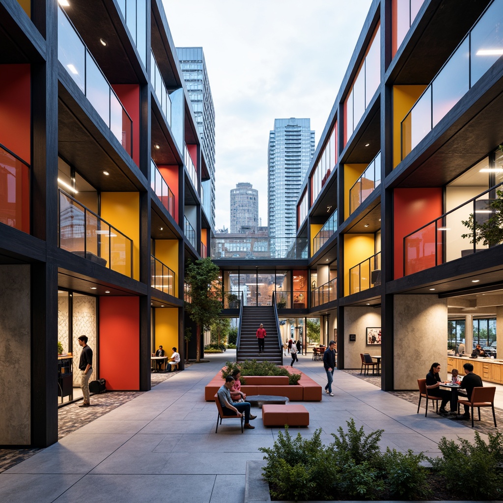 Prompt: Vibrant student hall, modern architectural design, bold color blocking, sleek metal accents, glass facades, angular lines, minimalist decor, communal lounge areas, cozy reading nooks, collaborative workspaces, ergonomic furniture, neon signage, dynamic lighting systems, abstract geometric patterns, textured concrete walls, industrial chic aesthetic, urban cityscape views, overcast sky, softbox lighting, shallow depth of field, 1/2 composition, cinematic rendering.