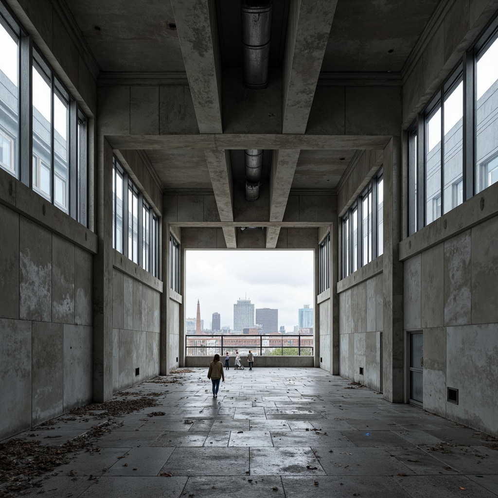 Prompt: Raw concrete walls, brutalist architecture, fortress-like structure, industrial metal frames, large floor-to-ceiling windows, minimalist ornamentation, rugged stone floors, exposed ductwork, functional simplicity, dramatic natural light, deep shadows, high ceilings, imposing columns, urban cityscape, overcast sky, diffused softbox lighting, 1/2 composition, realistic material textures, ambient occlusion.