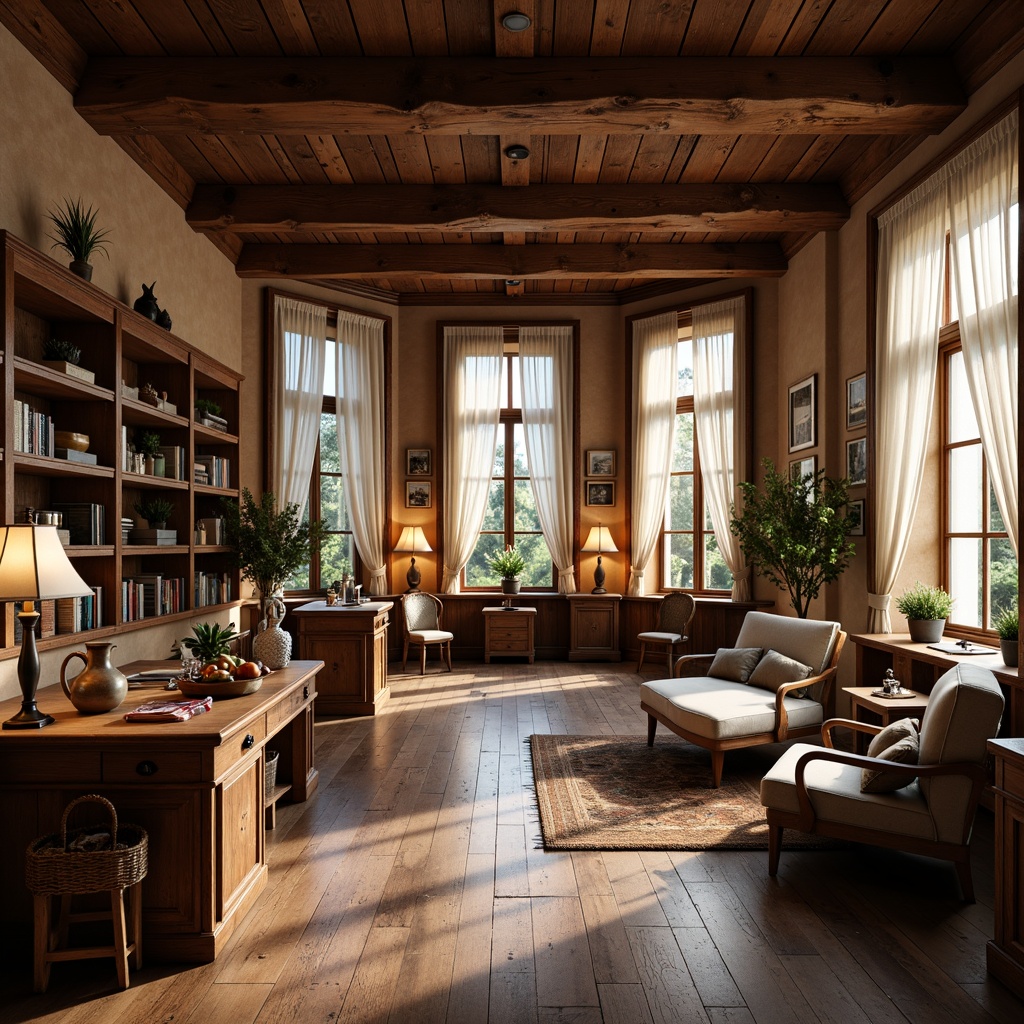 Prompt: Warm craft room, rich wood tones, ornate furniture, soft warm lighting, table lamps, floor lamps, natural textiles, vintage decorative items, classic architectural details, high ceilings, large windows, sheer curtains, comfortable seating areas, wooden workbenches, creative storage spaces, elegant metal hardware, distressed finishes, subtle color palette, soft shadows, 1/1 composition, realistic textures, ambient occlusion.