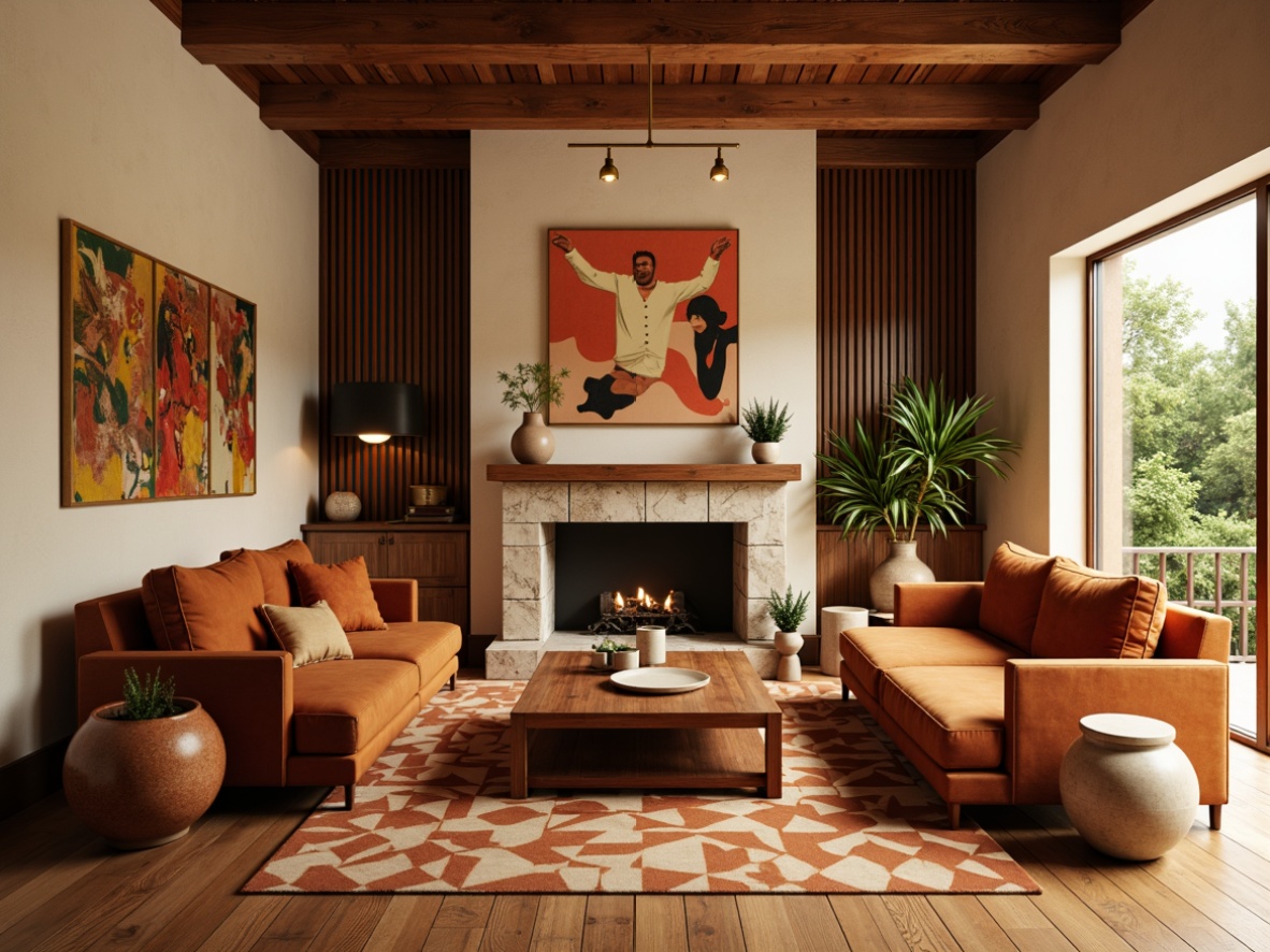 Prompt: Retro-chic living room, warm beige walls, rich walnut wood accents, geometric patterned rug, velvet sofas, brass lighting fixtures, natural stone fireplace, abstract artwork, earthy terracotta pots, lush greenery, warm golden lighting, shallow depth of field, 1/1 composition, realistic textures, ambient occlusion.