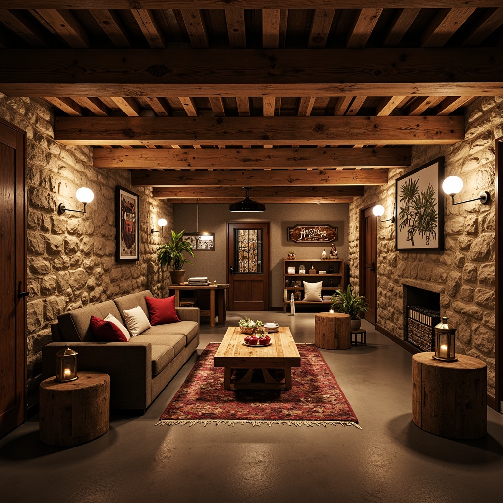 Prompt: Rustic basement interior, exposed wooden beams, natural stone walls, earthy color palette, cozy ambiance, warm lighting, distressed wood accents, metal lanterns, reclaimed wood furniture, plush area rugs, comfortable seating areas, industrial-chic decor, rustic metal signs, vintage-inspired accessories, dimmable lighting, 1/2 composition, atmospheric shadows, warm color grading.