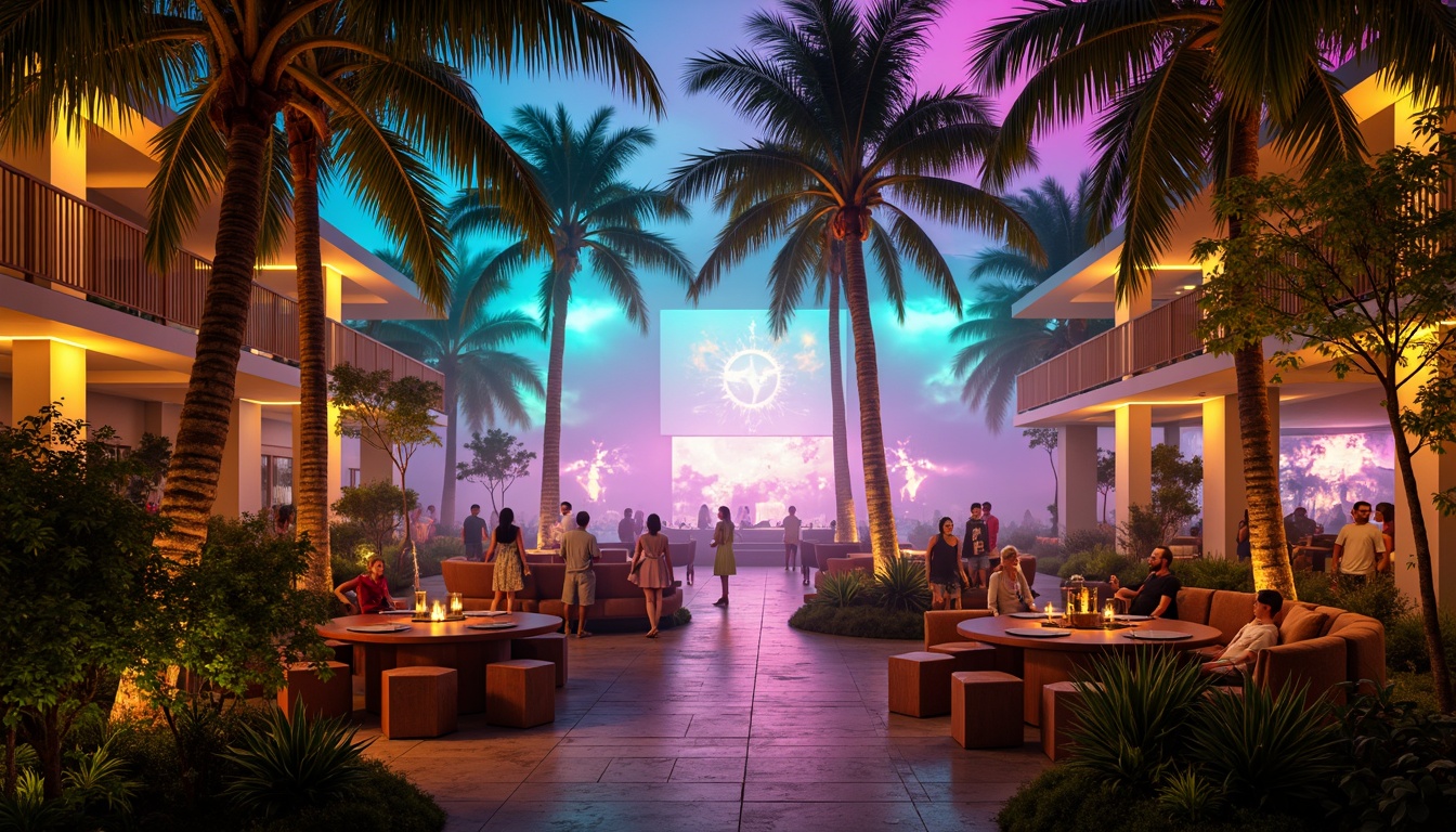 Prompt: Vibrant tropical music venue, palm trees, colorful lanterns, warm ambient lighting, soft pastel hues, neon accents, dynamic stage lights, LED installations, pulsing rhythms, misty atmosphere, exotic wood accents, woven textiles, lush green walls, bamboo furnishings, rattan decorations, natural stone floors, ocean breeze, sunset views, beach-inspired decor, laid-back vibe, energetic crowd, lively performances, warm golden lighting, shallow depth of field, 1/2 composition, cinematic mood.