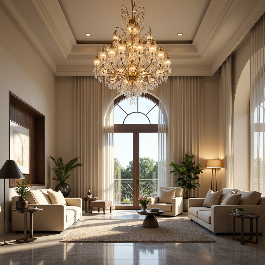 Prompt: Elegant chandelier, crystal droplets, warm soft glow, luxurious living room, high ceiling, marble flooring, creamy walls, ambient lighting, floor lamps, table lamps, pendant lights, metal accents, minimalist decor, modern furniture, plush area rug, greenery, natural textures, subtle color palette, afternoon sunlight, gentle shadows, 1/1 composition, realistic rendering, subtle depth of field.