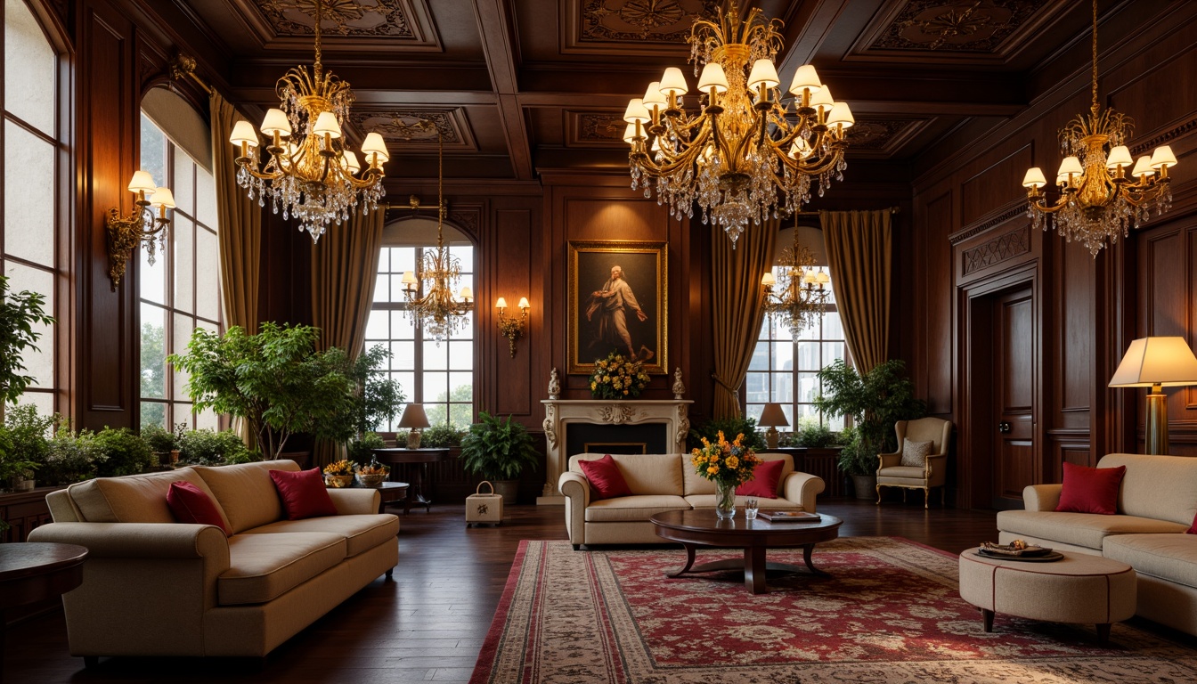 Prompt: Ornate chandeliers, crystal droplets, golden accents, luxurious fabrics, velvet drapes, rich wood paneling, carved furniture, intricate moldings, grandiose scale, opulent decorations, warm ambient glow, soft warm lighting, dramatic shadows, 1/1 composition, realistic textures, ambient occlusion.