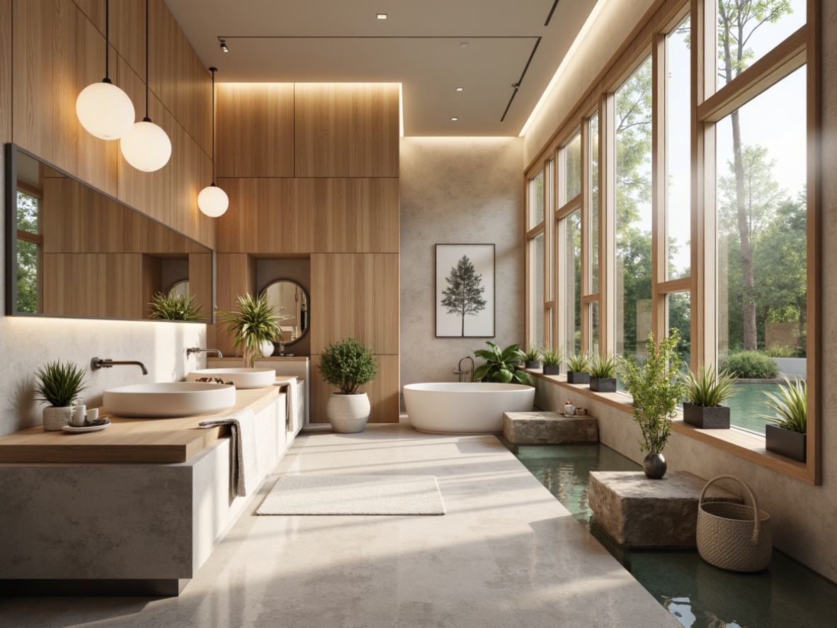 Prompt: Soft Nordic bathroom ambiance, warm white lighting, gentle glow, frosted glass pendant lights, minimalist chrome fixtures, natural stone walls, light wood accents, calming water features, serene botanicals, ambient LED strips, recessed ceiling lights, soft focus, 1/2 composition, cozy atmosphere, realistic textures, subtle shadowing.