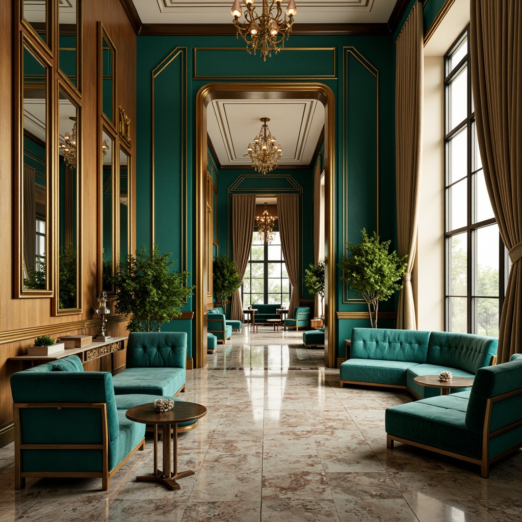 Prompt: Luxurious Art Deco interior, rich jewel-toned walls, velvety emerald green, opulent gold accents, lavish chrome fixtures, sophisticated geometric patterns, bold black outlines, creamy ivory ceilings, statement lighting fixtures, ornate mirrors, glamorous metallic textures, lavish velvet fabrics, vibrant turquoise hues, sumptuous curved lines, highly polished marble floors, warm champagne tones, dramatic floor-to-ceiling windows, soft ambient glow, 1/2 composition, cinematic lighting, realistic reflections.