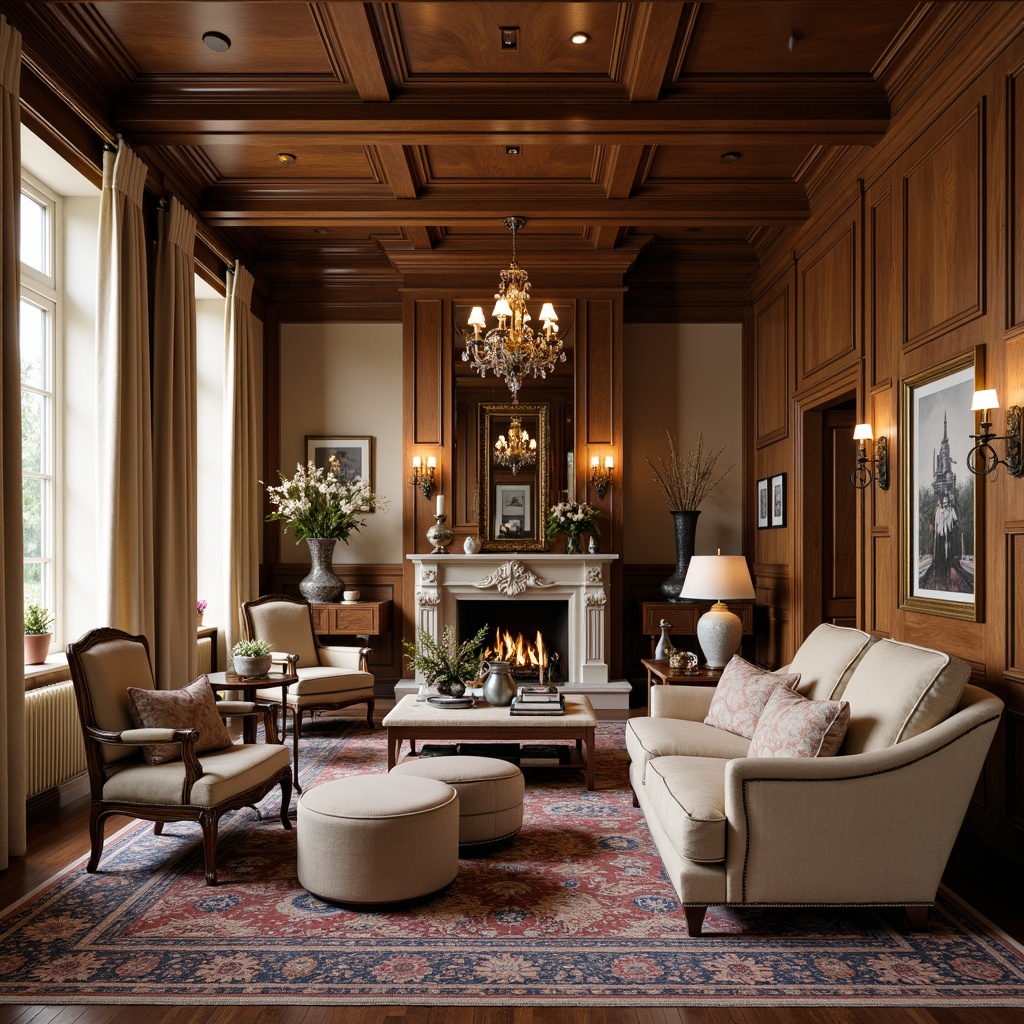 Prompt: Elegant living room, rich wood tones, classic upholstery, ornate carvings, velvety sofas, intricately patterned rugs, wooden coffee tables, antique vases, vintage lighting fixtures, warm beige walls, soft cream curtains, subtle gold accents, traditional English architecture, rustic stone fireplaces, cozy reading nooks, comfortable ottomans, luxurious fabrics, classic proportions, timeless designs, warm atmospheric lighting, shallow depth of field, 2/3 composition.