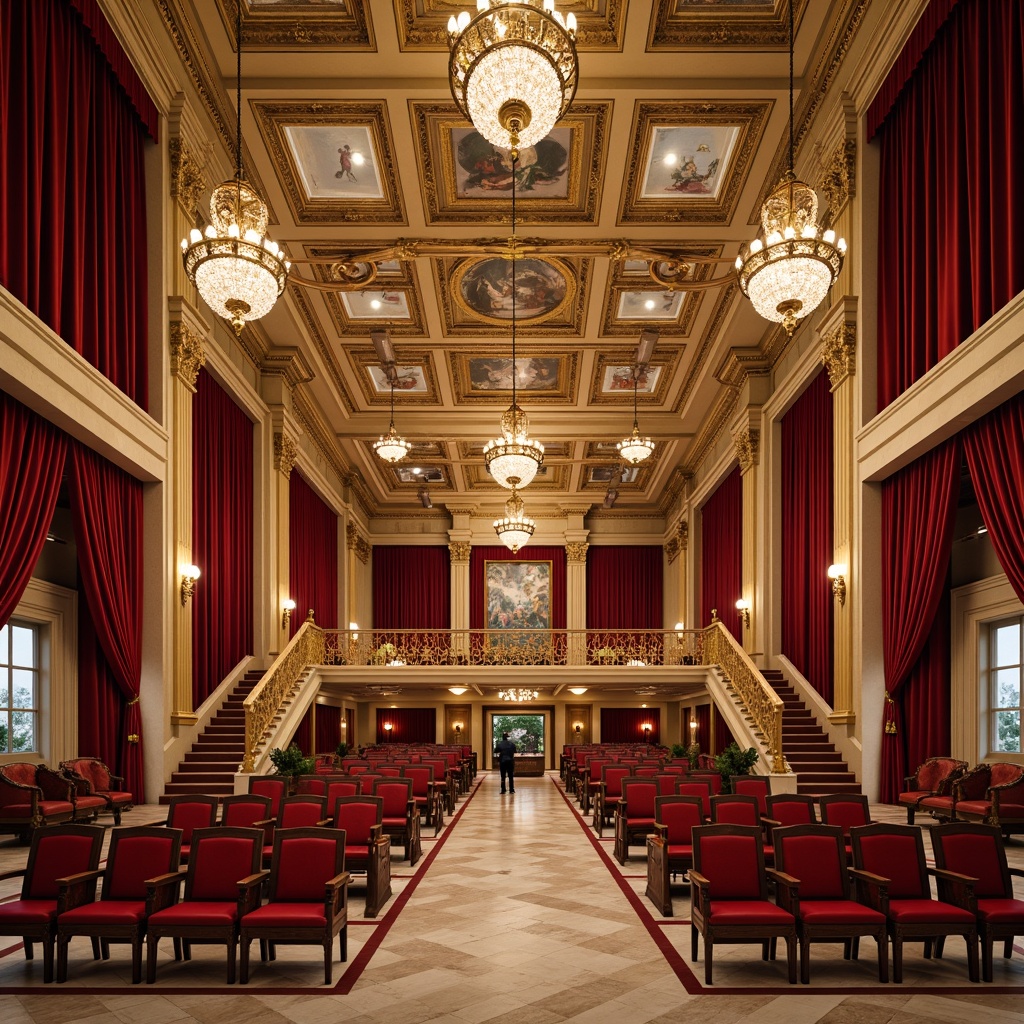 Prompt: Luxurious opera house interior, rich velvet curtains, golden ornate details, grand chandeliers, polished marble floors, majestic staircases, intimate VIP boxes, soft warm lighting, deep crimson red accents, lavish gold leafing, intricate fresco ceilings, dramatic spotlights, plush red seats, elegant wooden paneling, sophisticated neutral tones, subtle cream hues, refined burgundy shades, ornate mirrors, crystal chandeliers, 1/1 composition, symmetrical architecture, soft focus, atmospheric lighting.