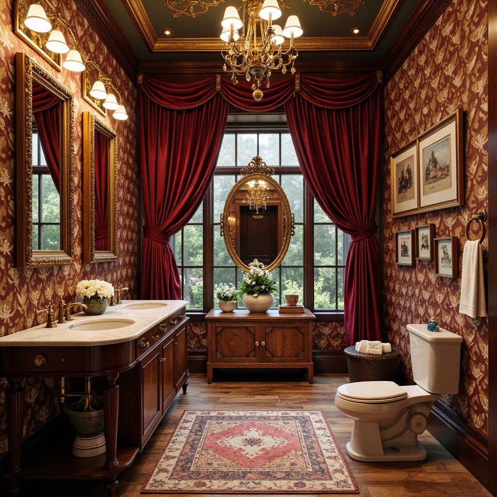 Prompt: Richly ornate powder room, antique furniture pieces, lavish chandeliers, velvet drapes, luxurious marble countertops, ornamental mirrors, gilded frames, soft warm lighting, shallow depth of field, 1/1 composition, realistic textures, ambient occlusion, eclectic mix of vintage patterns, bold colorful accents, intricate architectural details, statement wallpaper, plush area rugs, decorative vases, antique accessories, opulent gold fixtures.