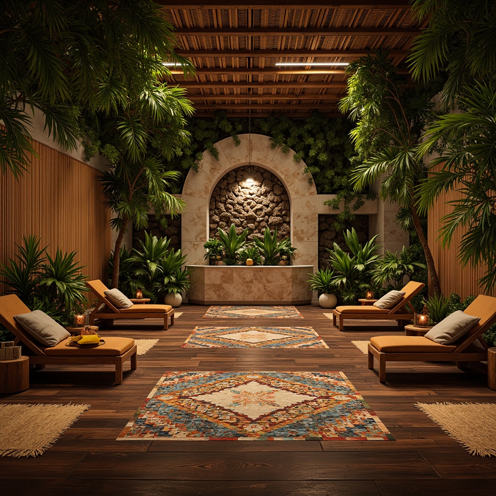 Prompt: Exotic tropical music venue, dark hardwood floors, polished bamboo surfaces, woven rattan mats, vibrant colorful tiles, Moroccan-inspired geometric patterns, natural stone accents, lush greenery walls, tropical plants decor, warm ambient lighting, soft misting system, shallow depth of field, 1/1 composition, realistic textures, ambient occlusion.