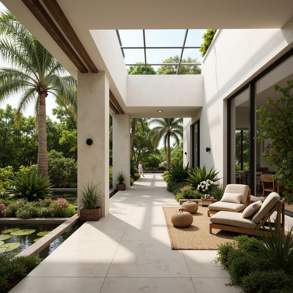 Prompt: Tropical style buildings, large windows, sliding glass doors, clerestory windows, high ceilings, light-colored interior walls, reflective surfaces, minimal obstructions, open floor plans, lush greenery, palm trees, vibrant flowers, natural textiles, woven furniture, rattan accents, warm wood tones, earthy color palette, soft diffused lighting, shallow depth of field, 1/1 composition, panoramic view, realistic textures, ambient occlusion.