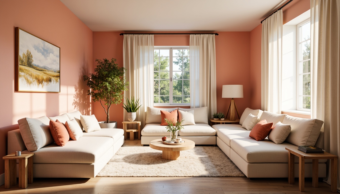 Prompt: Vibrant modern interior design, harmonious color scheme, pastel hues, soft peach tones, creamy whites, rich wood accents, metallic gold details, natural textiles, plush furnishings, cozy ambiance, warm lighting, shallow depth of field, 1/2 composition, realistic rendering, ambient occlusion.