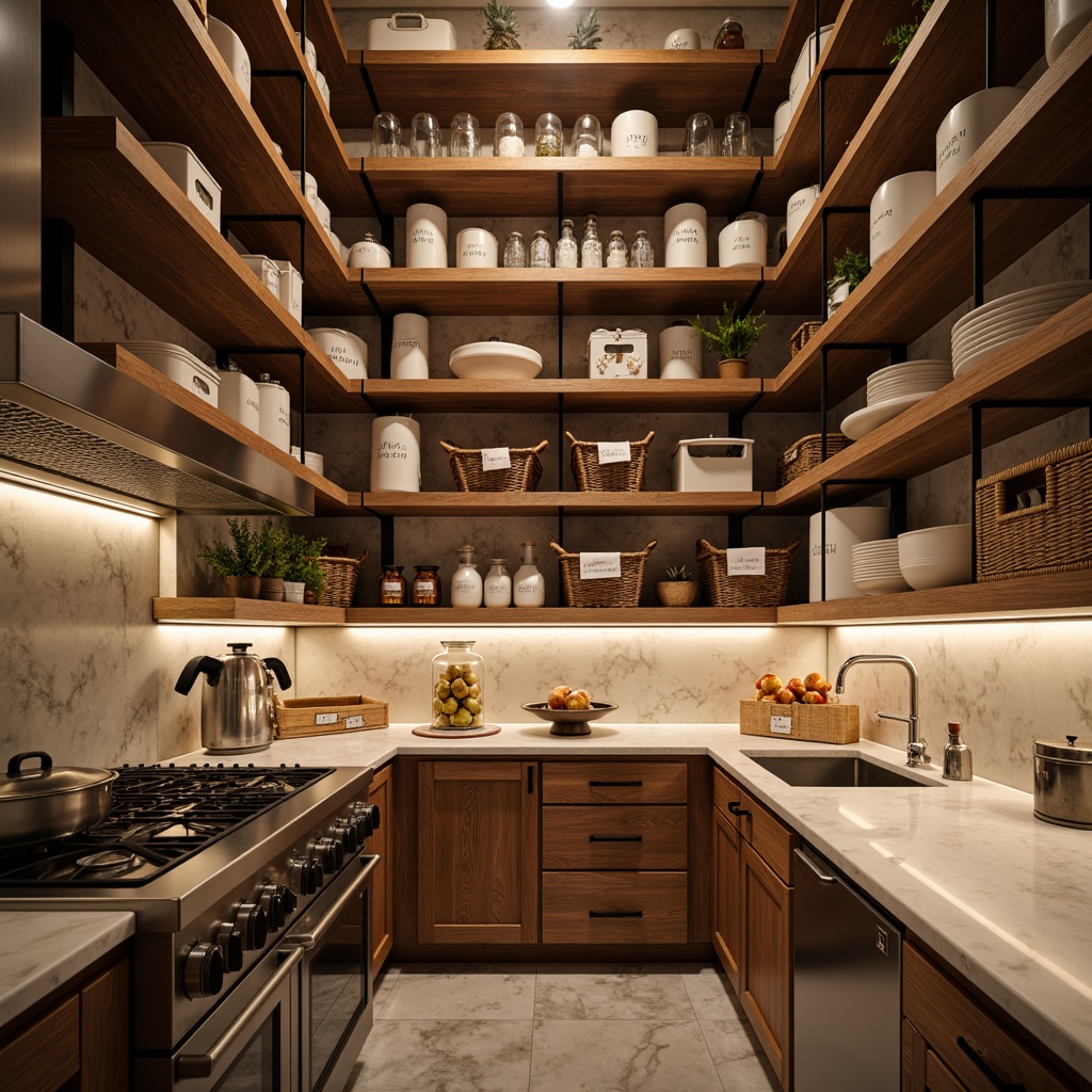 Prompt: Cozy pantry interior, warm wooden shelves, sleek metal racks, ceramic containers, glass jars, wicker baskets, labeled storage bins, modern kitchen appliances, stainless steel countertops, marble backsplash, soft warm lighting, shallow depth of field, 1/1 composition, realistic textures, ambient occlusion.