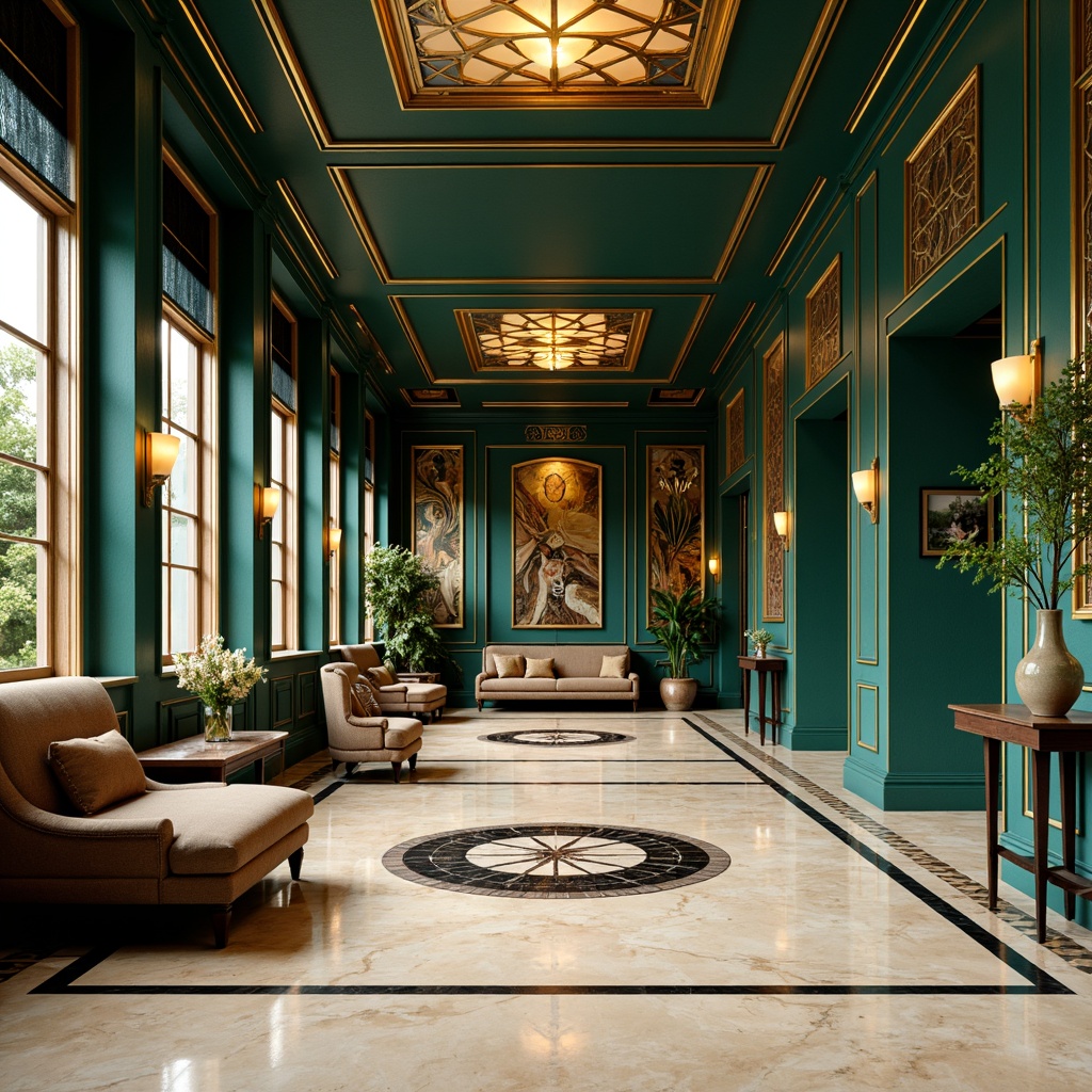 Prompt: Luxurious Art Deco interior, metallic gold accents, rich jewel tones, emerald green walls, navy blue ceilings, cream-colored marble floors, ornate geometric patterns, bold black outlines, vintage glamour, opulent furnishings, lavish decorative details, soft warm lighting, shallow depth of field, 1/2 composition, realistic textures, ambient occlusion.