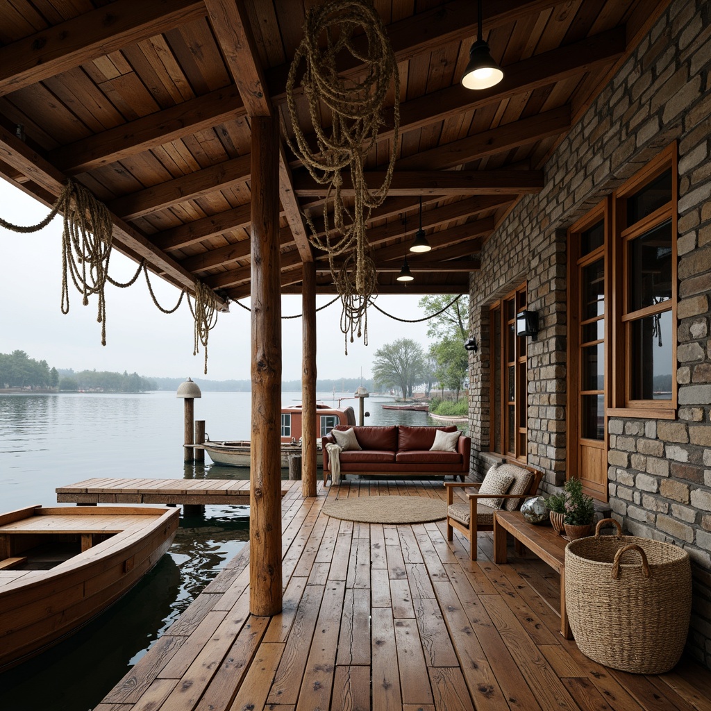 Prompt: Rustic boathouse, wooden dock, nautical ropes, vintage boats, distressed wood textures, natural cedar planks, earthy color palette, warm lighting, cozy interior, wooden beams, exposed brick walls, stone fireplace, plush furnishings, woven baskets, handmade wooden decorations, fishing nets, ocean views, serene lake surroundings, overcast sky, soft focus, 1/2 composition, shallow depth of field, realistic wood grain.