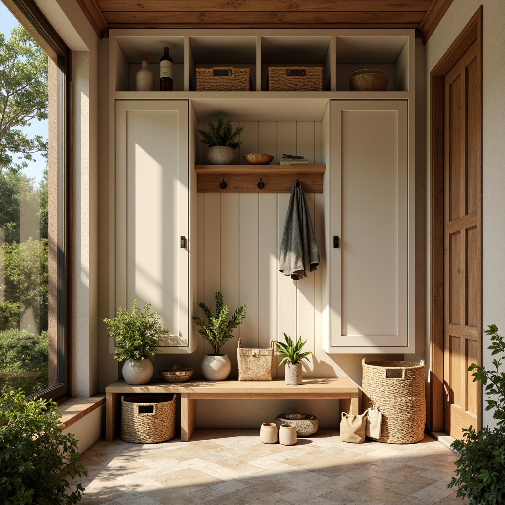 Prompt: Cozy mudroom, warm earthy tones, natural stone flooring, wooden bench, wicker storage baskets, rustic metal hooks, soft beige walls, rich brown cabinets, creamy white trim, calming greenery, lush plants, nature-inspired accents, soft warm lighting, inviting atmosphere, 1/1 composition, realistic textures.