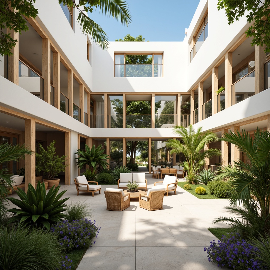 Prompt: Tropical style buildings, large windows, sliding glass doors, high ceilings, open floor plans, minimal obstructions, clerestory windows, skylights, solar tubes, light shelves, reflective surfaces, white walls, polished concrete floors, natural textures, woven bamboo furniture, rattan decorations, lush greenery, potted plants, blooming flowers, sunny day, soft warm lighting, shallow depth of field, 3/4 composition, panoramic view, realistic textures, ambient occlusion.