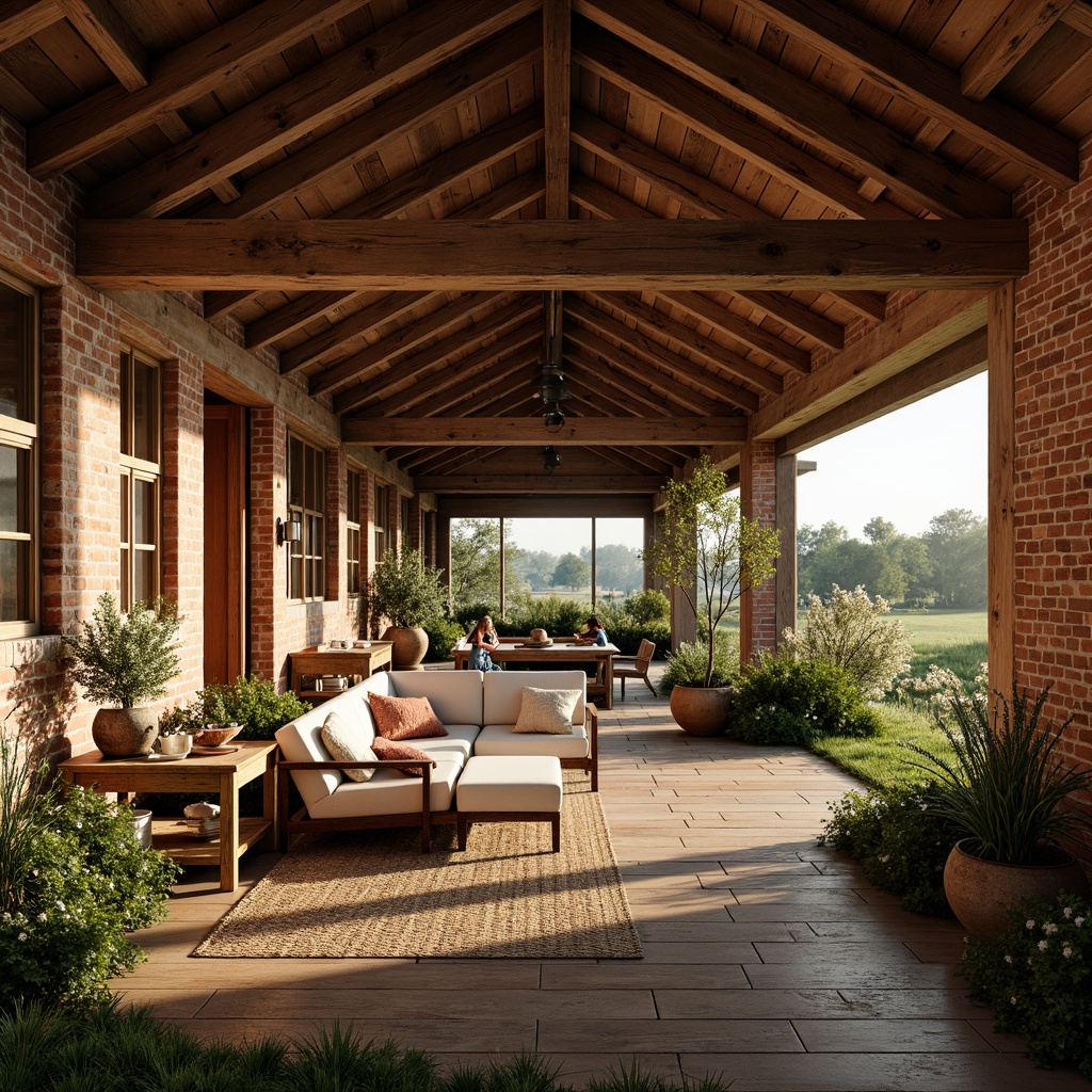 Prompt: Rustic farmhouse, wooden beams, exposed ceiling, earthy tones, natural textures, vintage furniture, distressed wood accents, brick red walls, cozy atmosphere, warm soft lighting, shallow depth of field, 1/1 composition, intimate camera angle, realistic wood grain, ambient occlusion, countryside views, lush greenery, wildflowers, sunny afternoon, gentle breeze.