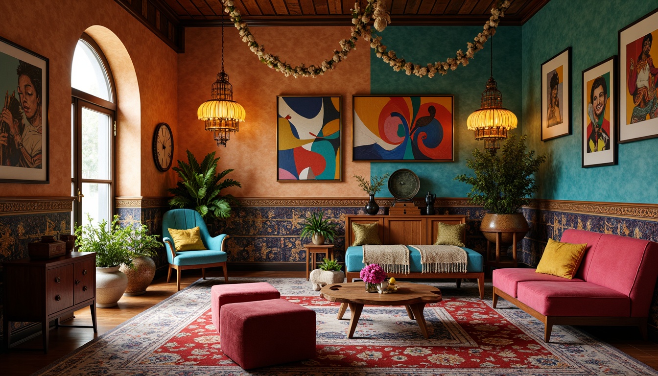 Prompt: Vibrant eclectic interior, bold art pieces, mixed metallic accents, distressed wood textures, vintage furniture, colorful Moroccan tiles, plush velvet fabrics, ornate antique decorations, rich jewel-toned walls, statement lighting fixtures, abstract patterned rugs, whimsical decorative accessories, warm golden lighting, shallow depth of field, 1/2 composition, realistic textures, ambient occlusion.