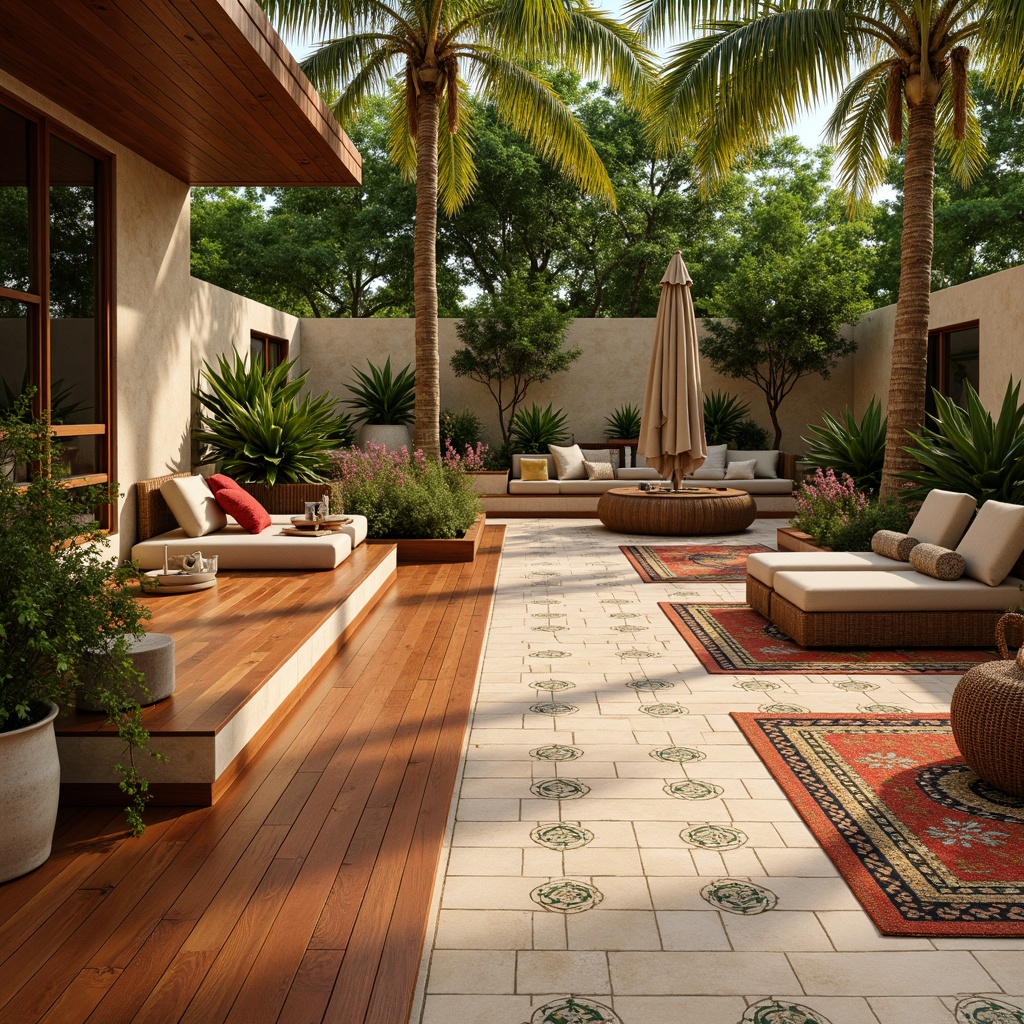 Prompt: Polished wooden flooring, exotic hardwood species, warm beige tones, natural texture, tropical leaf patterns, woven bamboo accents, rattan furniture, vibrant colored rugs, Moroccan-inspired tiles, geometric mosaics, lush greenery, palm trees, tropical flowers, warm ambient lighting, soft focus, shallow depth of field, 1/2 composition, realistic textures, ambient occlusion.