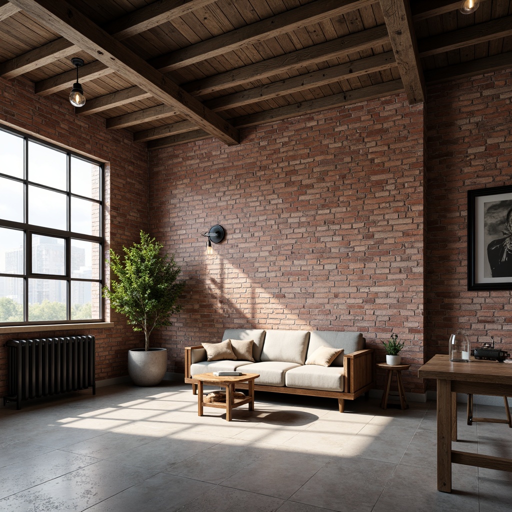 Prompt: Exposed brick walls, distressed finishes, urban loft atmosphere, reclaimed wood accents, metal beams, high ceilings, industrial-style lighting, Edison bulbs, concrete floors, minimalist decor, functional simplicity, raw unprocessed materials, modern urban aesthetic, natural light pouring in, 1/1 composition, shallow depth of field, realistic textures, ambient occlusion.