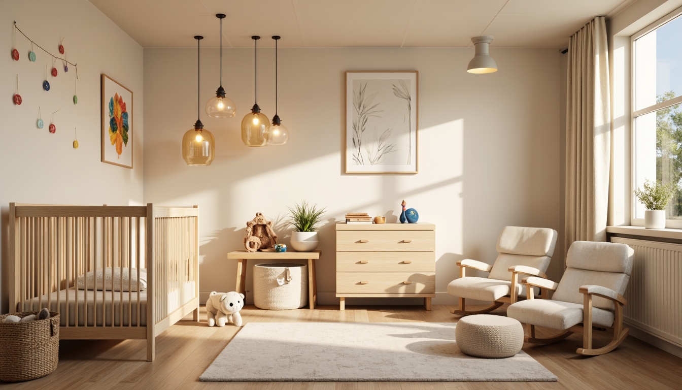 Prompt: Cozy baby nursery, soft warm lighting, pastel colors, wooden cribs, plush toys, gentle glow lamps, string lights, ceiling fixtures, minimalist decor, modern furniture, comfortable gliders, neutral color schemes, warm beige tones, creamy whites, soothing ambiance, subtle shadows, 1/1 composition, realistic textures, ambient occlusion.