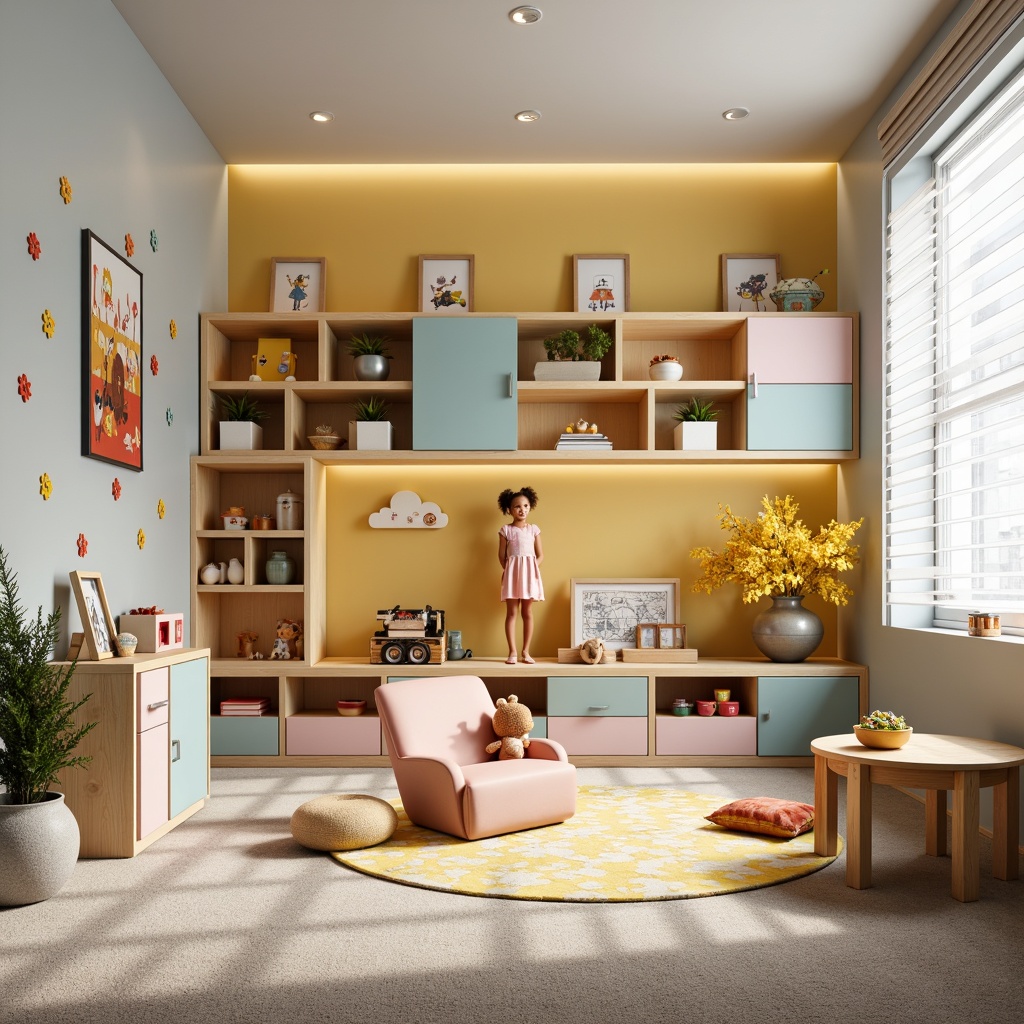 Prompt: Vibrant kids' room, playful furniture, colorful storage bins, educational wall decals, fun-shaped shelves, cozy reading nooks, soft carpet flooring, pastel-colored walls, natural wood accents, modern minimalism, open shelving units, task lighting, gentle warm ambiance, shallow depth of field, 1/1 composition, panoramic view, realistic textures, ambient occlusion.