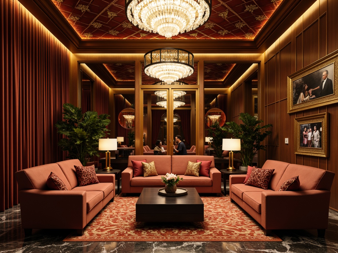 Prompt: Luxurious Art Deco interior, rich velvet fabrics, ornate geometric patterns, metallic accents, lavish chandeliers, marble floors, opulent furnishings, warm golden lighting, plush throw pillows, intricately carved wooden panels, bold color schemes, statement pieces of furniture, vintage-inspired decorative accessories, sophisticated ambiance, high-contrast photography, dramatic shadows, 1/2 composition, soft focus effect.