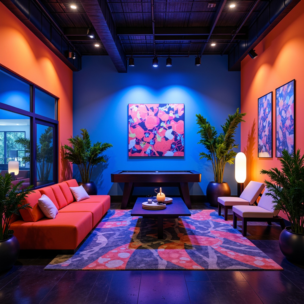 Prompt: Vibrant game room, neon lights, bold color scheme, electric blue walls, bright orange accents, greenery patterns, abstract artwork, modern furniture design, sleek coffee tables, futuristic lamps, ambient lighting effects, shallow depth of field, 1/1 composition, cinematic view, realistic textures, advanced shading techniques.