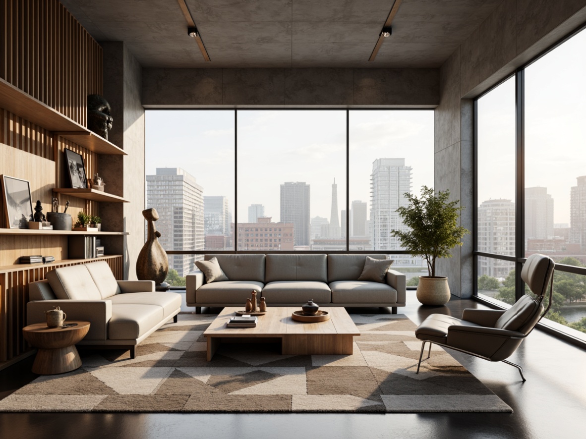 Prompt: Modern minimalist living room, sleek low-profile sofa, curved wooden coffee table, geometric patterned rug, floor-to-ceiling windows, natural light, urban cityscape view, industrial chic metal shelves, avant-garde art pieces, LED ambient lighting, warm neutral color palette, 3D printed decorative accents, futuristic robotic chair, ergonomic design, sustainable eco-friendly materials, abstract sculptures, dynamic composition, shallow depth of field, realistic textures, ambient occlusion.