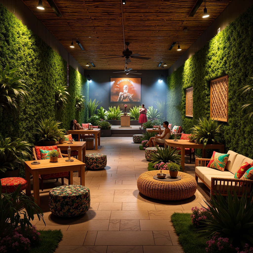 Prompt: Vibrant tropical music venue, lush greenery walls, exotic flower arrangements, warm wood accents, woven rattan furniture, plush colorful cushions, intimate stage setting, subtle LED lighting, misting systems, refreshing cocktail bars, natural stone flooring, bamboo ceiling fans, airy open spaces, tranquil ambiance, soft warm glow, shallow depth of field, 1/1 composition, realistic textures, ambient occlusion.