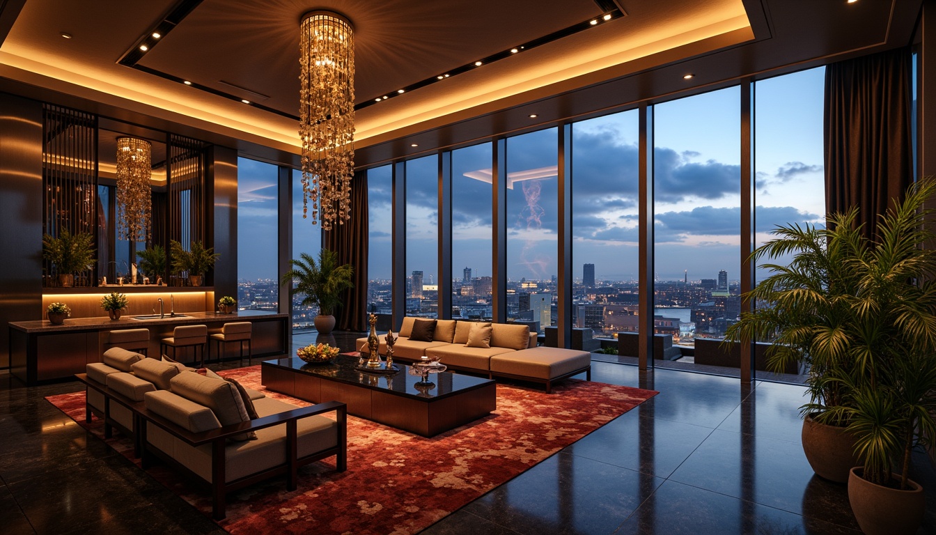 Prompt: Luxurious penthouse interior, rich velvet fabrics, metallic accents, sleek marble countertops, high-gloss wood finishes, ornate chandeliers, floor-to-ceiling windows, breathtaking cityscape views, dramatic night lighting, atmospheric mist, cinematic composition, shallow depth of field, 2/3 aspect ratio, warm golden hour, softbox lighting, realistic reflections, ambient occlusion.