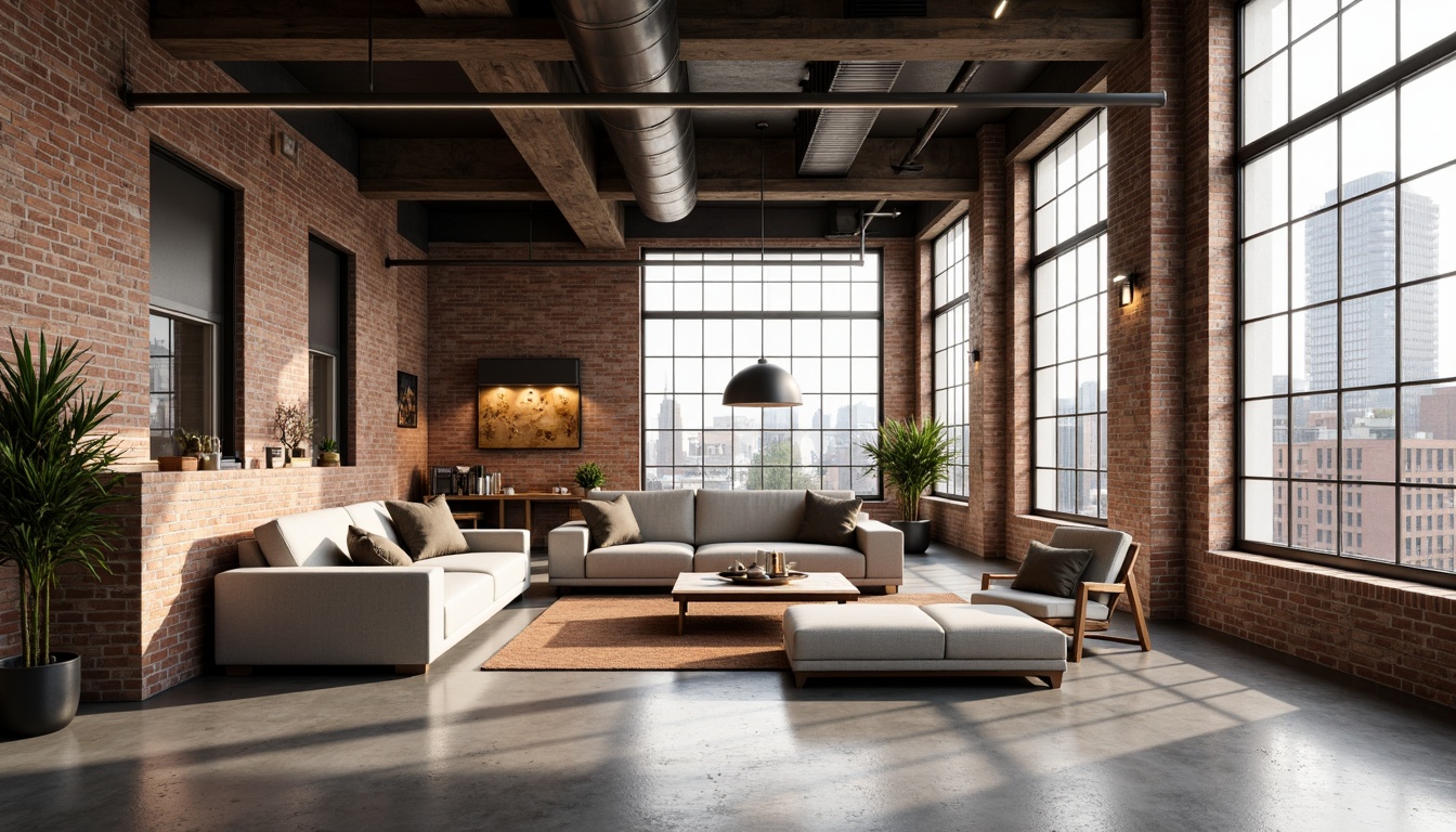 Prompt: Industrial-chic loft, exposed brick walls, polished concrete floors, minimalist decor, modern metallic accents, sleek low-profile furniture, abundant natural light, floor-to-ceiling windows, urban cityscape views, subtle industrial textures, warm cozy ambiance, soft warm lighting, shallow depth of field, 1/1 composition, realistic render, ambient occlusion.