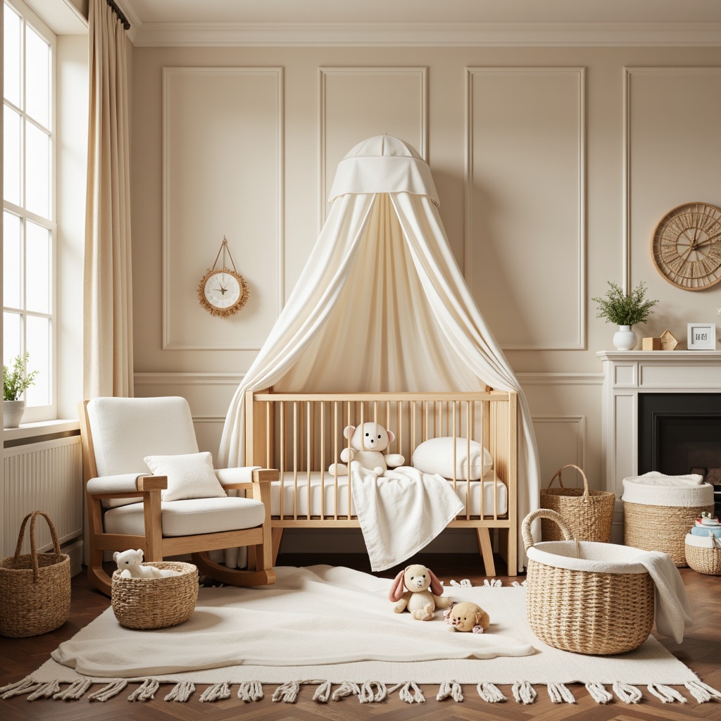 Prompt: Cozy baby nursery, plush toys, soft pastel colors, warm beige walls, gentle natural light, comfortable gliders, oversized pillows, creamy white fabrics, subtle florals, delicate lace trim, woven baskets, velvety soft rugs, calming ambiance, soothing color palette, 1/1 composition, intimate close-up shots, realistic fabric textures, ambient occlusion.