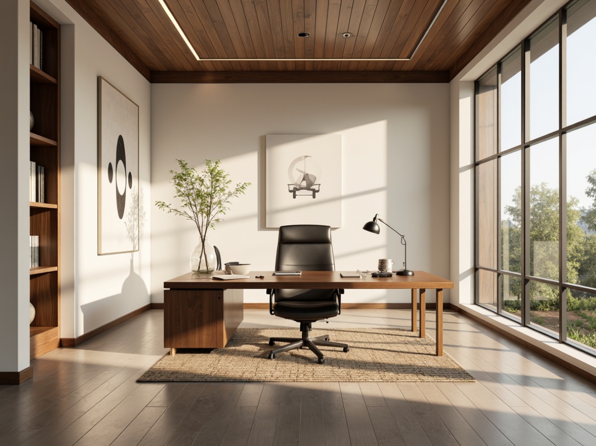 Prompt: Streamlined home office, minimalist decor, sleek wooden desk, ergonomic chair, floor-to-ceiling windows, natural daylight, warm ambient lighting, table lamps, soft shadows, creamy whites, rich wood tones, metallic accents, geometric patterns, minimalist artwork, industrial-chic fixtures, task lighting, LED strips, indirect illumination, 1/1 composition, realistic textures, subtle reflections.