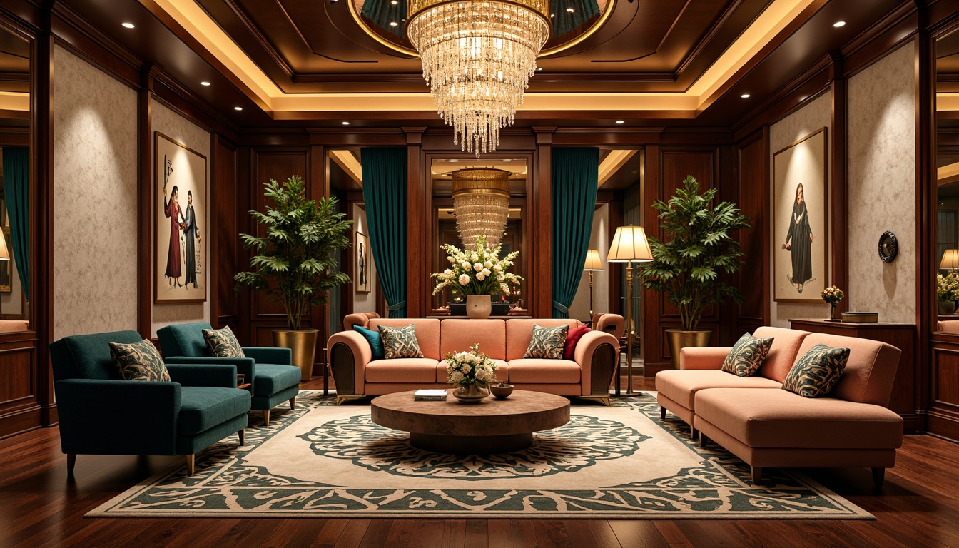 Prompt: Luxurious living room, opulent furnishings, geometric patterns, metallic accents, ornate decorations, curved lines, bold colors, velvet upholstery, polished wood, glossy finishes, crystal chandeliers, statement lighting fixtures, lavish textiles, intricate inlays, high-gloss lacquer, bronze hardware, sculptural shapes, glamorous ambiance, warm golden lighting, shallow depth of field, 1/1 composition, realistic reflections, ambient occlusion.