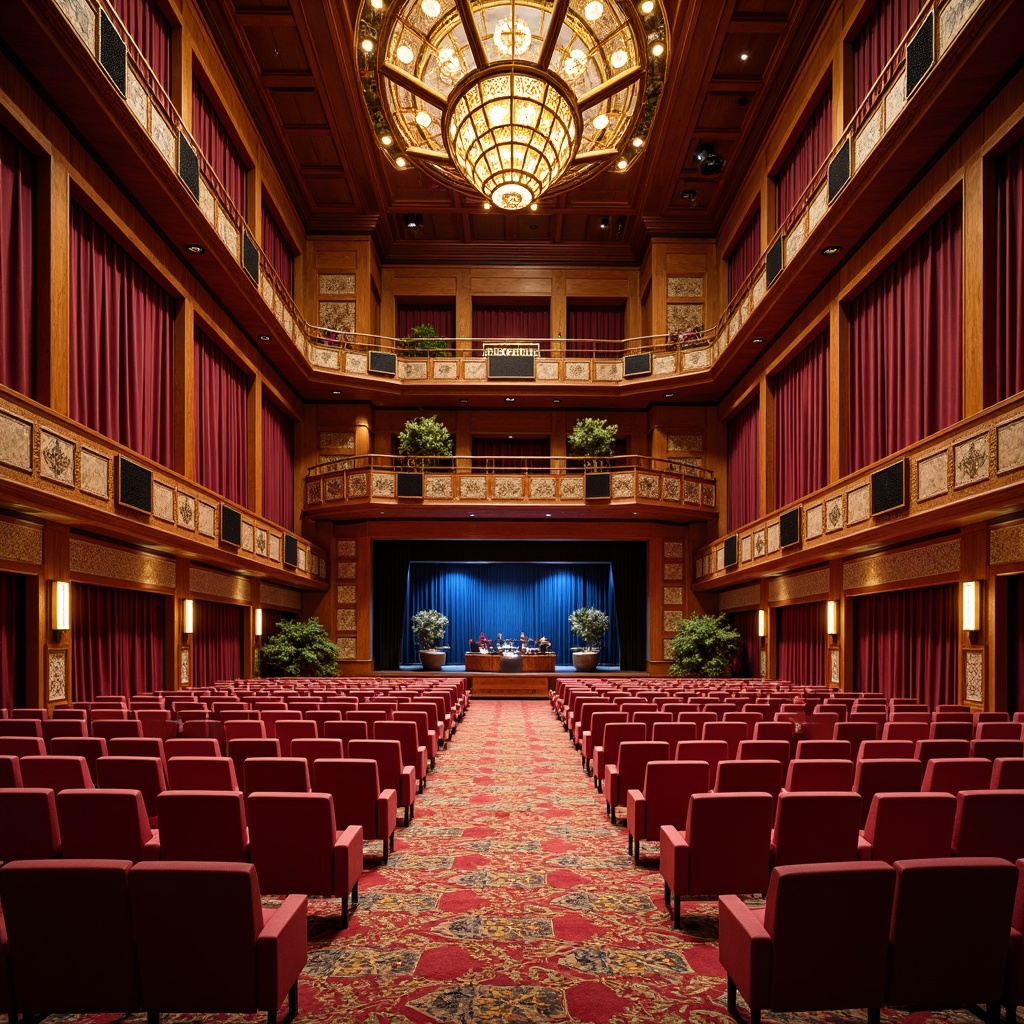 Prompt: Luxurious auditorium interior, rich velvet curtains, plush carpeted floors, ornate wooden paneling, golden accents, grand chandeliers, comfortable seating, vibrant colorful textiles, intricate geometric patterns, acoustic soundproofing materials, state-of-the-art lighting systems, soft warm ambiance, 1/2 composition, shallow depth of field, realistic rendering.