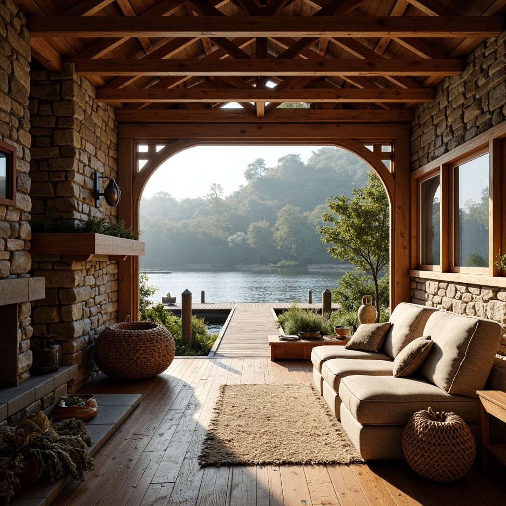 Prompt: Rustic boathouse, wooden dock, serene lake, natural light pouring in, warm sunny day, wooden beams, exposed rafters, earthy color palette, stone fireplace, cozy interior, plush furniture, nautical accents, vintage fishing nets, woven textiles, natural fabrics, earthy scents, soft warm lighting, shallow depth of field, 1/2 composition, realistic textures, ambient occlusion.