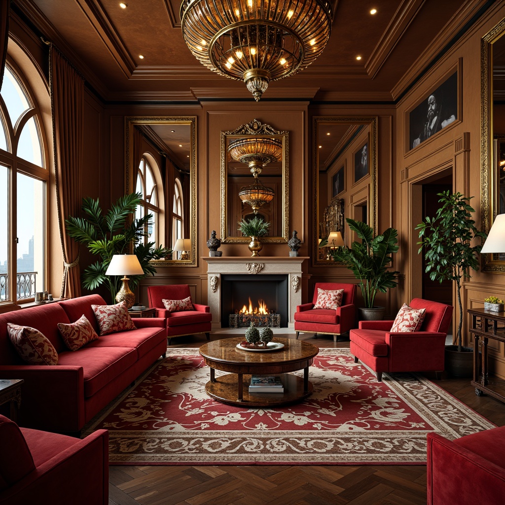 Prompt: Luxurious living room, rich velvet upholstery, ornate metal frames, inlaid wooden tables, geometric patterns, bold color schemes, metallic accents, curved lines, opulent fabrics, lavish decorations, sophisticated ambiance, soft golden lighting, shallow depth of field, 1/2 composition, ornamental mirrors, glamorous chandeliers, vintage accessories, exotic wood veneers, intricate carvings, symmetrical layouts.