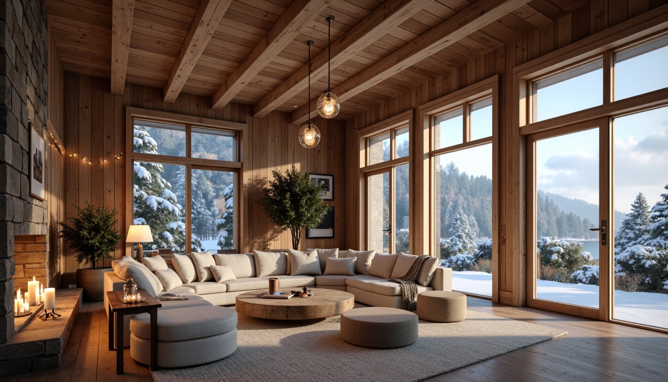 Prompt: Cozy Scandinavian villa, wooden accents, minimalist decor, large windows, natural light, warm atmosphere, soft glowing lighting, table lamps, floor lamps, string lights, candles, fire pit, Nordic-inspired furniture, plush textiles, creamy colors, rustic stone walls, wooden beams, snow-covered roof, winter wonderland, misty morning, soft focus, shallow depth of field, 1/1 composition, warm color palette, ambient occlusion.