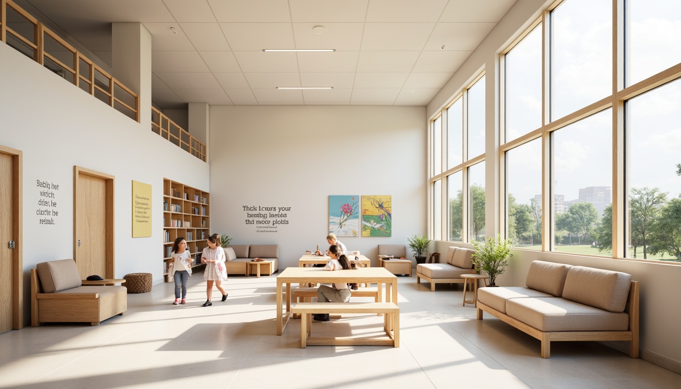 Prompt: Minimalist school interior, calming color palette, soft pastel hues, creamy whites, warm beiges, gentle grays, natural wood accents, simple furniture designs, ample daylight, floor-to-ceiling windows, sleek metal frames, subtle textures, clean lines, clutter-free spaces, educational graphics, inspirational quotes, motivational posters, cozy reading nooks, collaborative workspaces, softbox lighting, 1/1 composition, realistic materials, ambient occlusion.