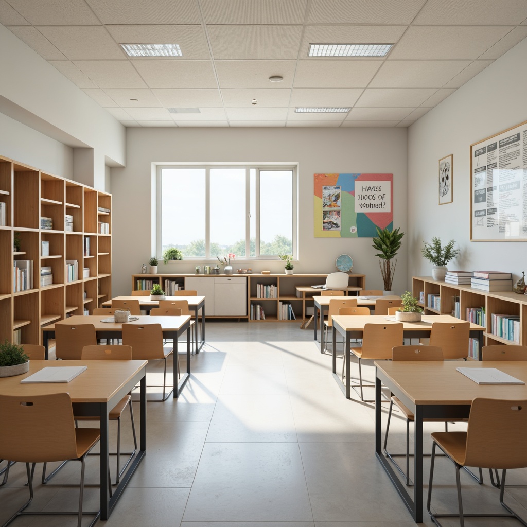 Prompt: Simple school classroom, minimalistic desks, ergonomic chairs, pastel color scheme, wooden accents, plenty of natural light, open shelving units, geometric shapes, clean lines, functional decor, motivational quotes, educational posters, subtle textures, soft diffused lighting, shallow depth of field, 1/1 composition, realistic render, ambient occlusion.