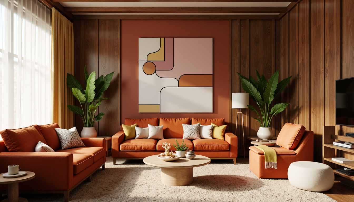 Prompt: Retro-chic living room, warm earthy tones, rich walnut wood accents, bold graphic patterns, vintage-inspired furniture, plush velvet upholstery, geometric-shaped decorative accessories, natural textiles, organic shapes, 1960s-inspired color palette, burnt orange, avocado green, harvest gold, creamy whites, soft pink hues, abstract art pieces, minimalist decor, ample natural light, softbox lighting, shallow depth of field, 2/3 composition, cinematic view, realistic textures, ambient occlusion.